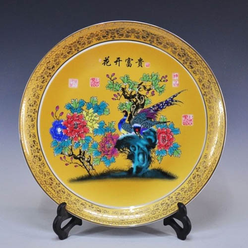 5Cgo 陶瓷裝飾瓷盤 掛盤 花開富貴 電視牆裝飾櫃子 工藝品 擺件 裝飾品 LXM65000