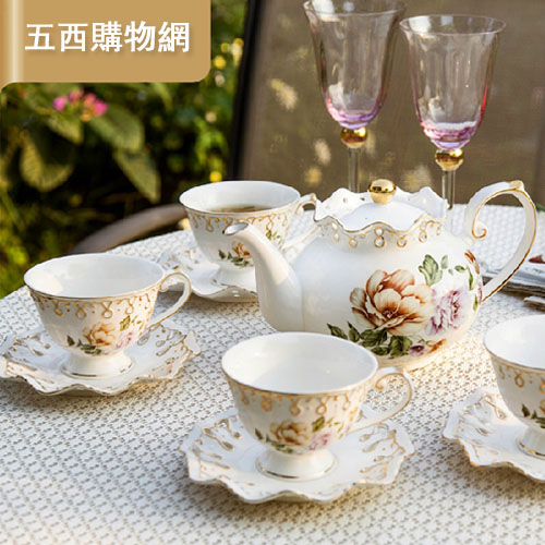 5Cgo 18889915925 歐式鏤空描金花邊高級咖啡杯具英式下午茶紅茶花茶壺茶咖啡杯套裝組  SHM54300