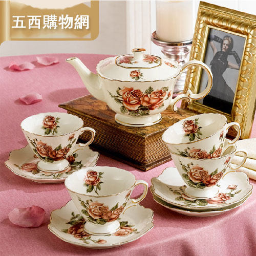 5Cgo 22553484191 9頭英式歐式咖啡具玫瑰象牙瓷歐式茶具套裝擺件/結婚喬遷禮物   SHM75500