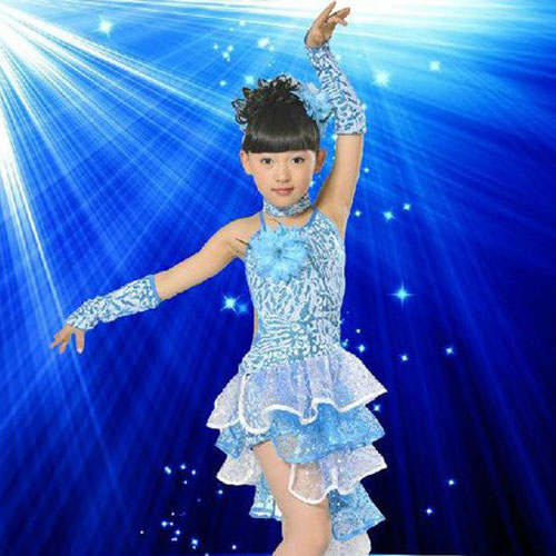 5Cgo 25428320213 兒童演出服表演服裝女童拉丁舞裙亮片現代舞台競賽舞蹈裙  ZXJ07000