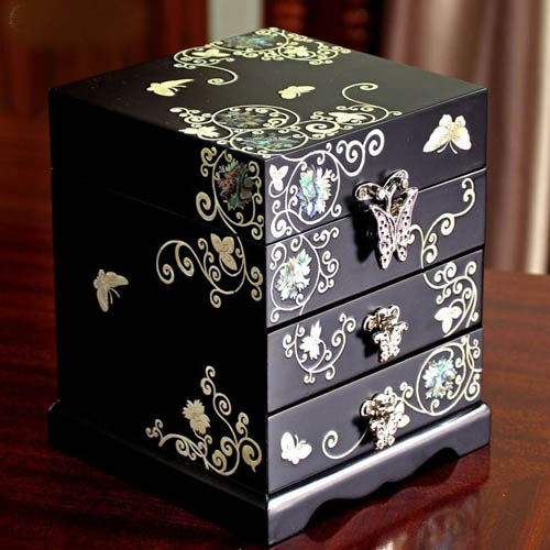 5Cgo 12892625964 實木貝殼漆器首飾盒黑色三層收納盒 首飾盒 戒指盒 ZXJ38600