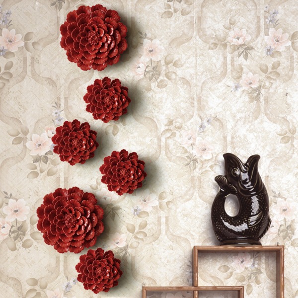 5Cgo 38553298484 家居壁飾牆面立體裝飾花創意電視沙發背景牆飾陶瓷立體喜氣大紅花(2朵) AGL00200