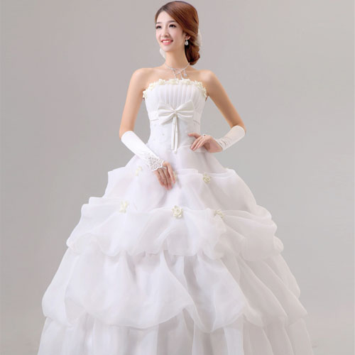 5Cgo 17557354259  韓版公主白色綁帶齊地抹胸顯瘦蓬蓬裙結婚婚紗婚慶服 ZXJ59200
