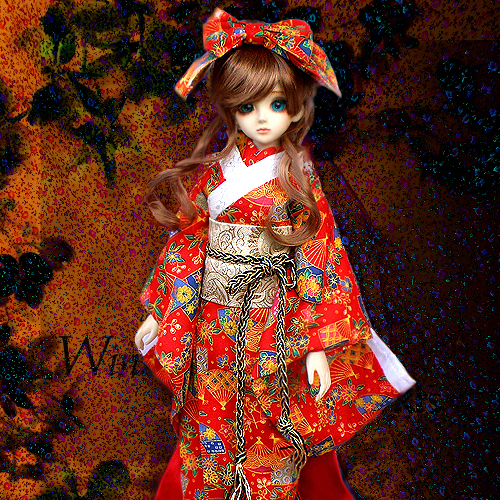 5Cgo 6232509302 SD/BJD 娃衣/古裝/衣服 日本振袖和服 橙紅底金扇圖案1/4,1/3 MIK84100