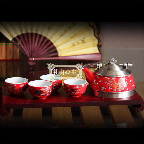 5Cgo 18429844932 馬來西亞 錫器 陶瓷紅瓷茶具套裝婚慶創意功夫茶杯茶壺茶盤結婚禮物 CJS61600